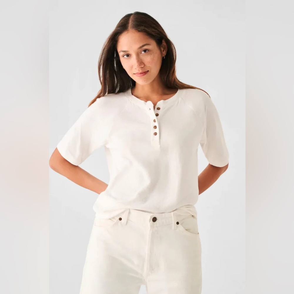 Faherty Women’s Cloud Cotton Short Sleeve Lightweight Henley Tee Shirt L White
